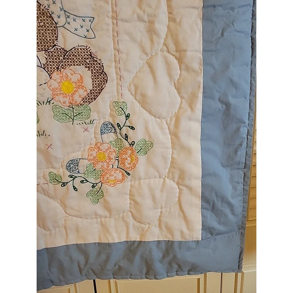 Vintage Baby Comforter Blanket Handmade Bear & Hearts Crib Quilt Nursery 34